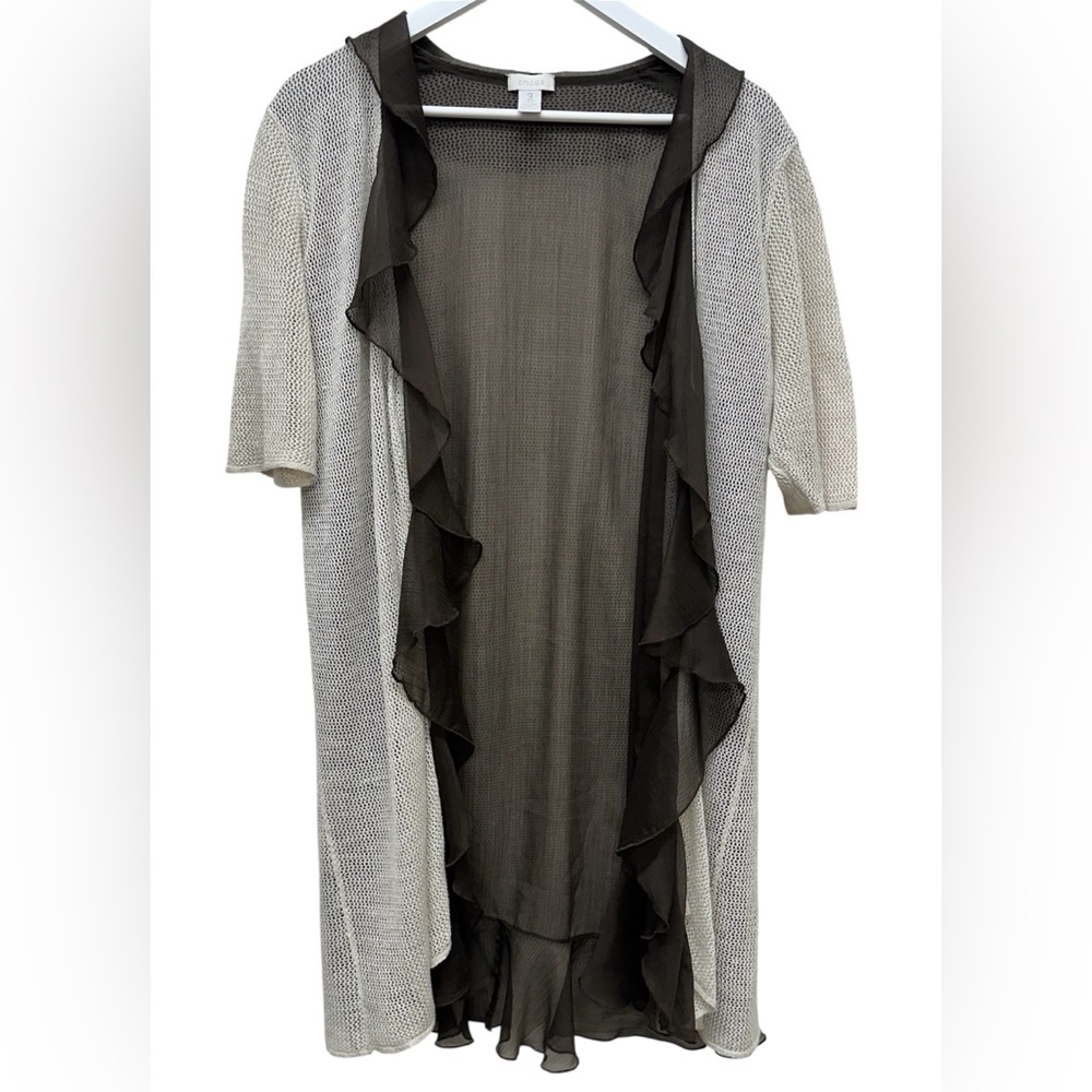 Chico's 3 Brown Ruffle Taupe Knit Whimsigoth Fairy Grunge Kimono Cardigan XL